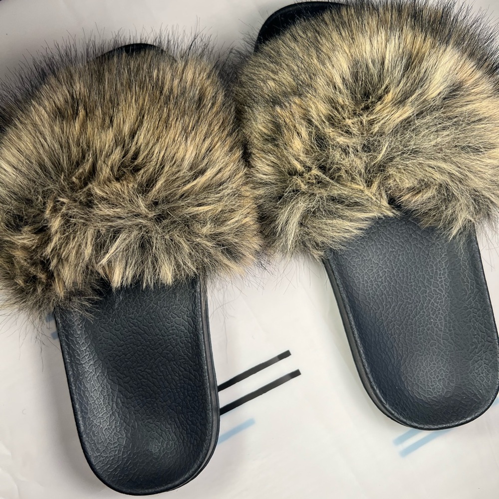 Faux Fur Slippers with Black Soles